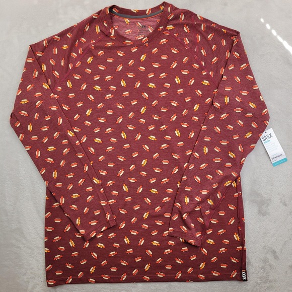 SAXX Shirt Mens Large Red Hot Dog Print Long Sleeve Thermo Baselayer Viewfinder - Picture 1 of 9
